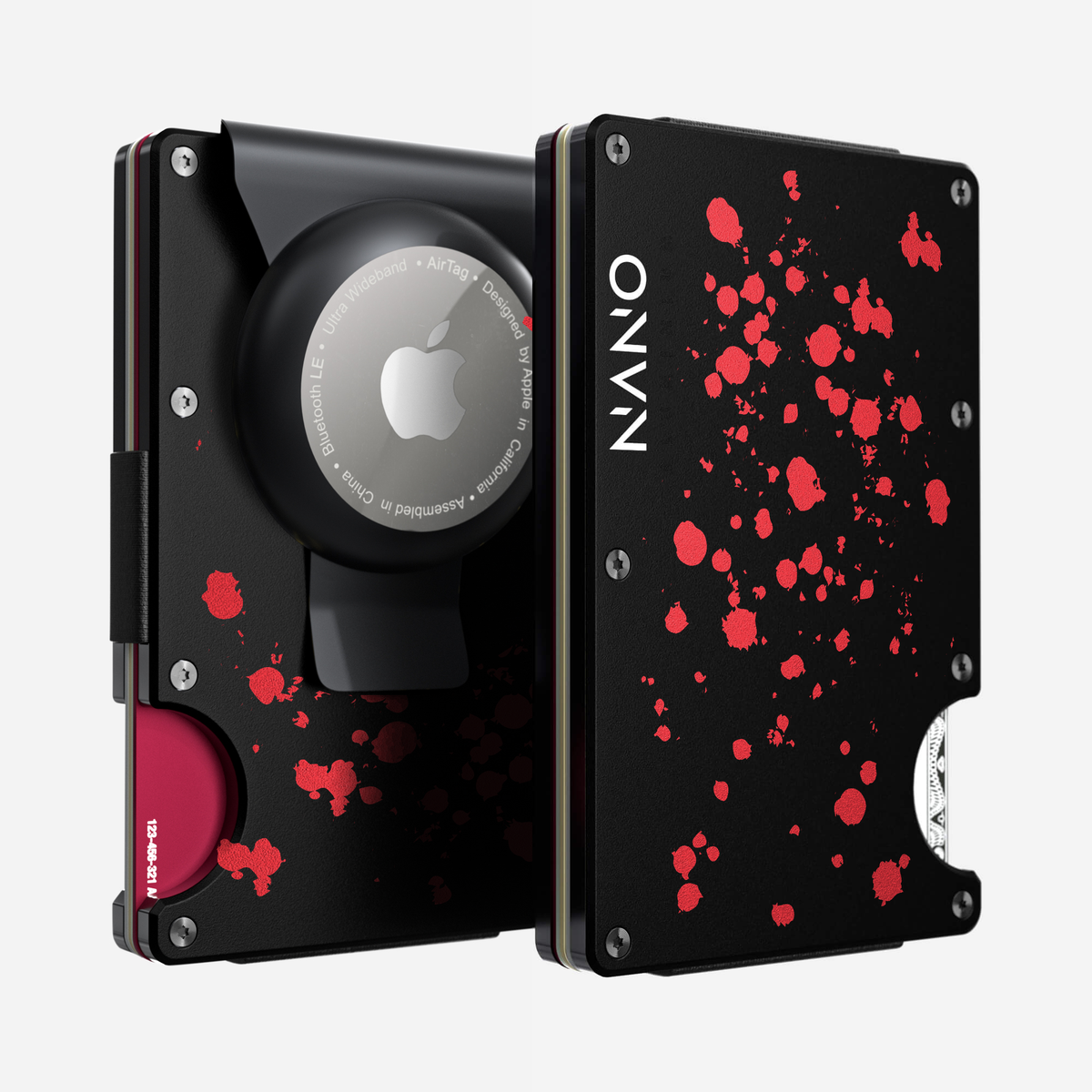 Front and back view of the NANO Aluminium AirTag Money Clip Wallet in Crimson Trace