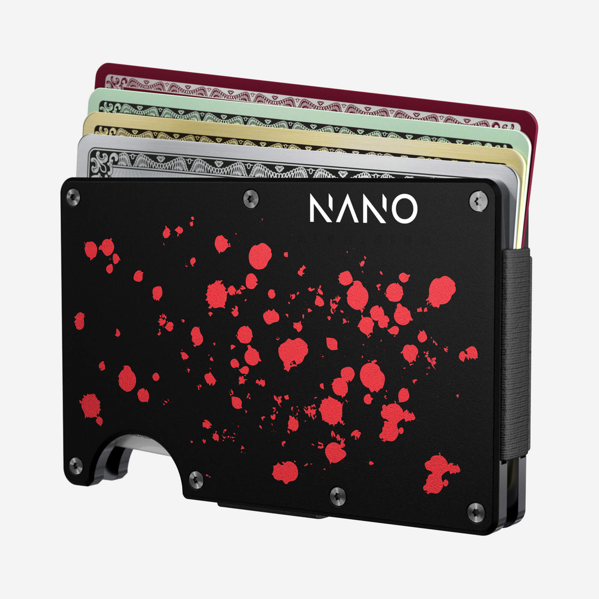 Angled front view of the NANO™ Aluminium Cash Strap Wallet in Crimson Trace showing cards fanned out