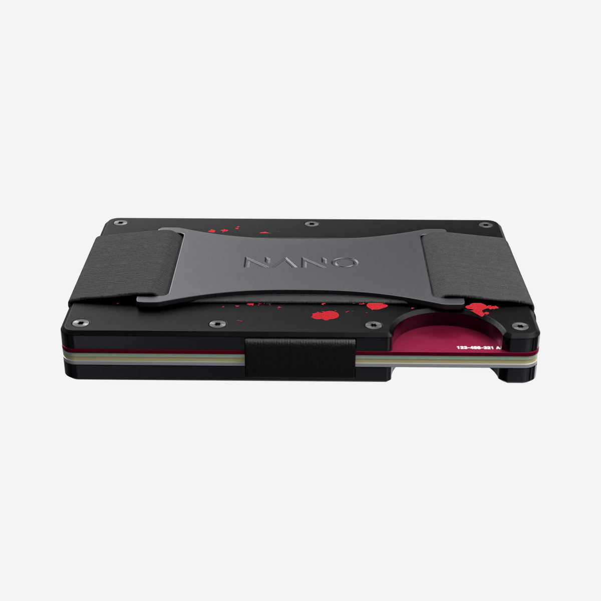 Angled side and back view of the NANO™ Aluminium Cash Strap Wallet in Crimson Trace showing its slim profile