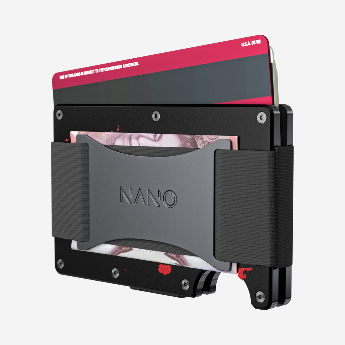 Angled back view of the NANO™ Aluminium Cash Strap Wallet in Crimson Trace showing cards and folded cash