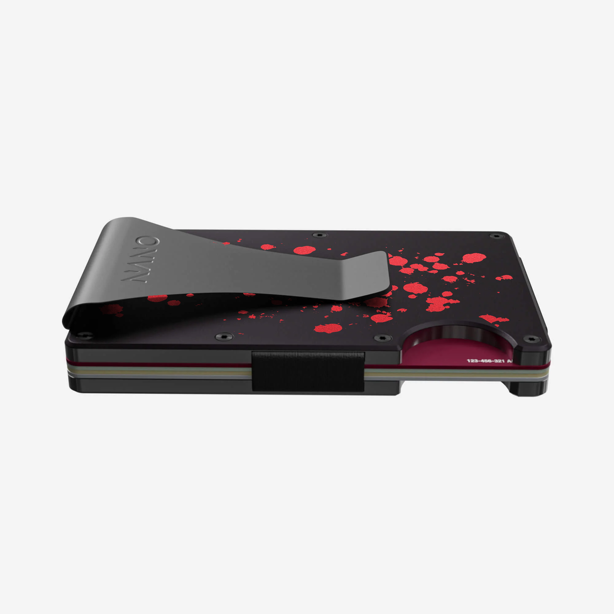 Angled side and back view of the NANO™ Aluminium Money Clip Wallet in Crimson Trace showing its slim profile