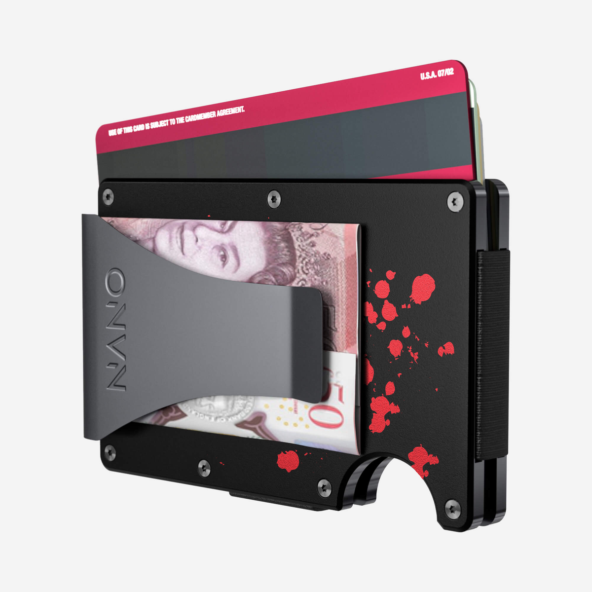 Angled back view of the NANO™ Aluminium Money Clip Wallet in Crimson Trace showing cards and folded cash