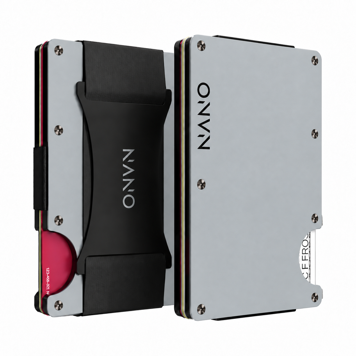 NANO Edition One Nardo Grey cash strap wallet, front and rear views