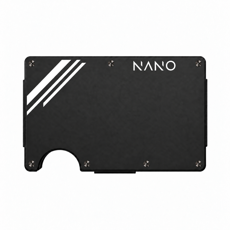 NANO Edition One Vortex Black/Trooper White powder-coated aluminium cash strap wallet — front straight-on view