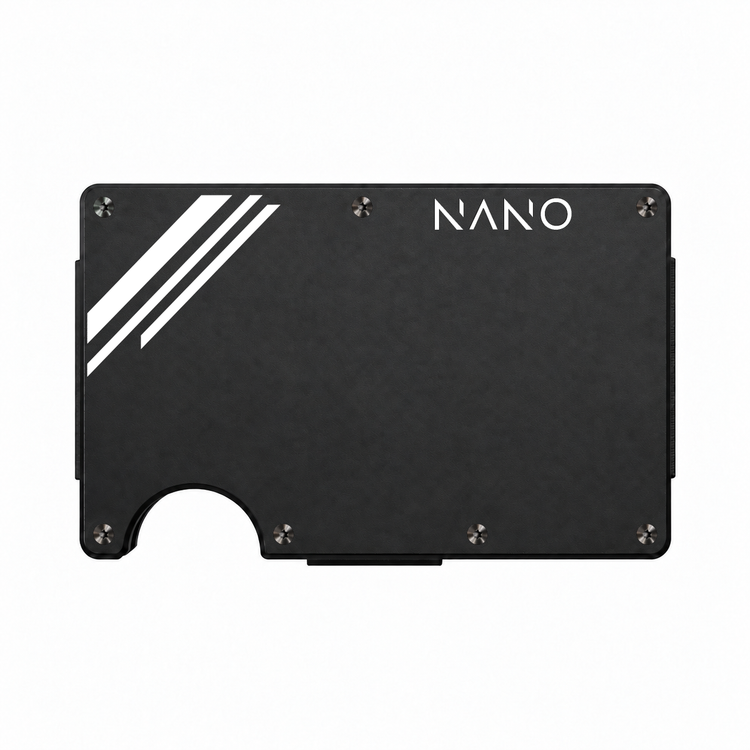 NANO Edition One Vortex Black/Trooper White powder-coated aluminium money clip wallet — front straight-on view