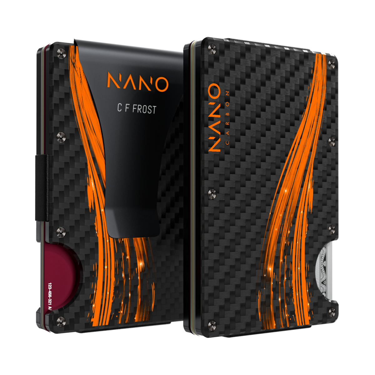 NANO Flux personalised money clip wallet — Stealth Black/Flare Orange — view 12, C F FROST engraving