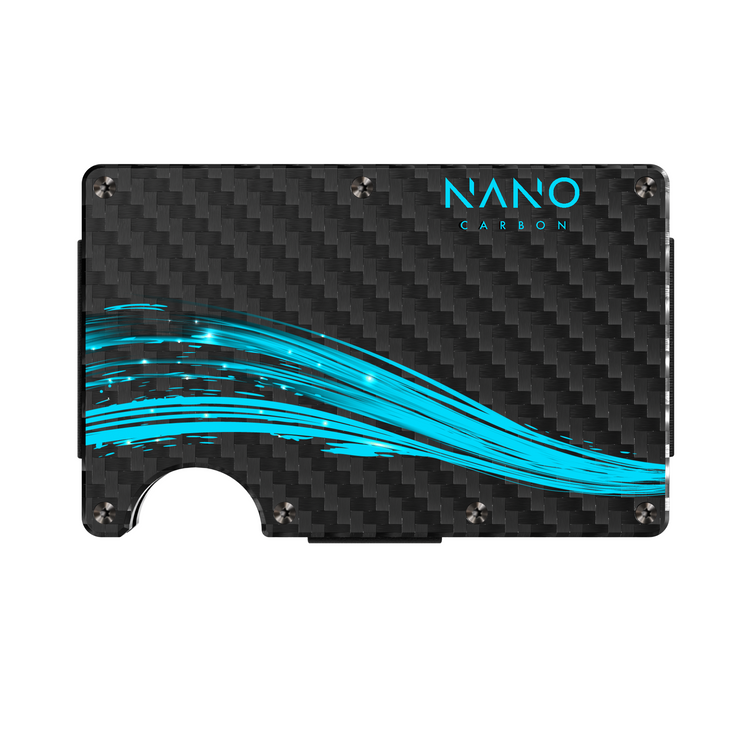 NANO FLUX Stealth Black/Kinetic Blue 3K carbon fibre money clip wallet — front view