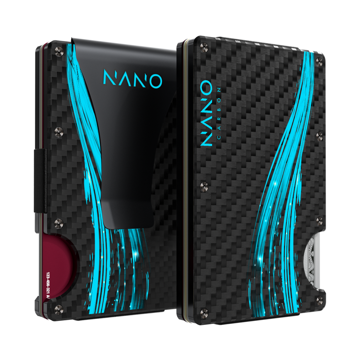 NANO FLUX Stealth Black/Kinetic Blue Carbon Fibre 3K money clip wallet, front and rear views
