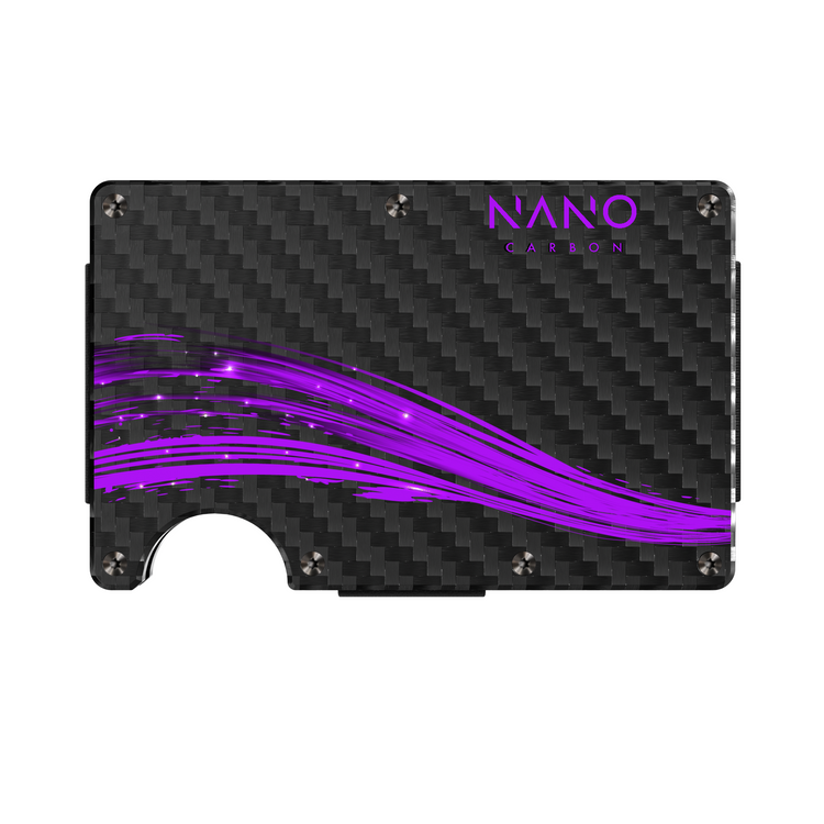NANO FLUX Stealth Black/Plasma Purple 3K carbon fibre money clip wallet — front view