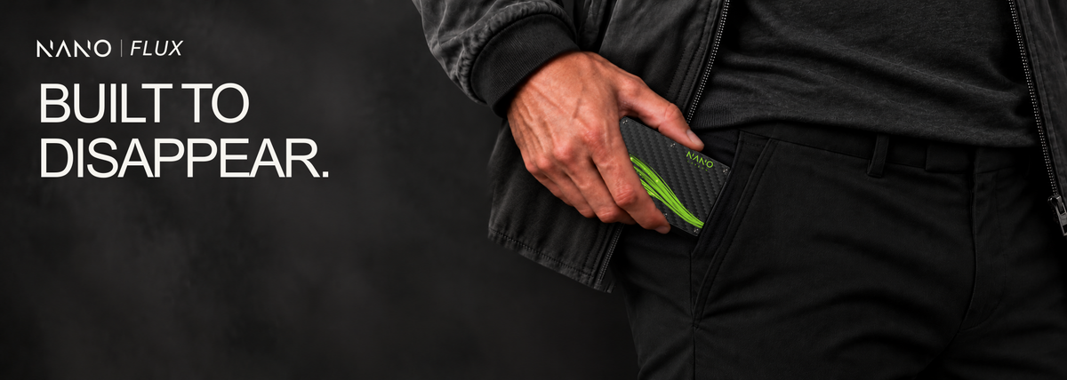 NANO FLUX — Built to disappear. Volt Green carbon wallet with natural subdued right-edge lighting. Desktop banner.
