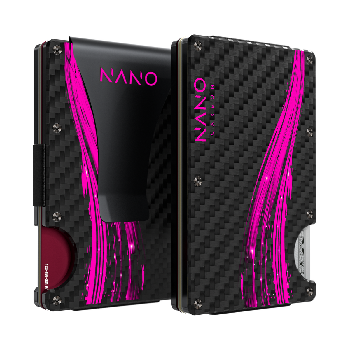 NANO FLUX Stealth Black/Pulse Pink Carbon Fibre 3K money clip wallet, front and rear views