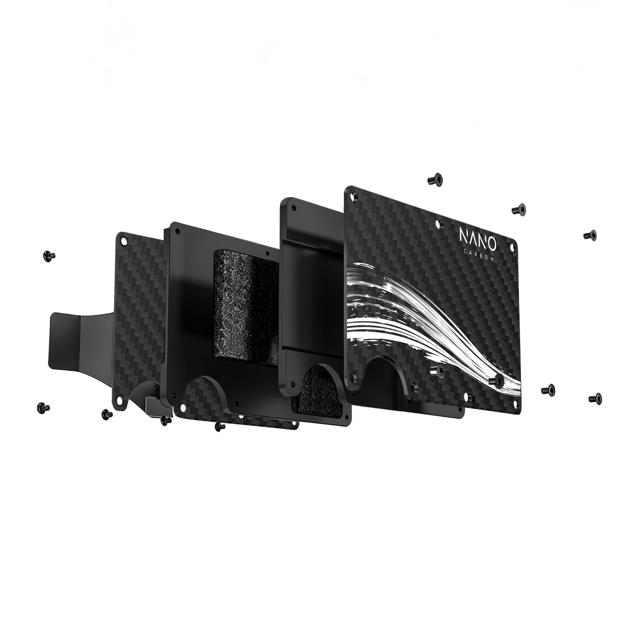 Exploded NANO wallet showing its 3K carbon fibre plates, chassis, elastic, money clip and screws