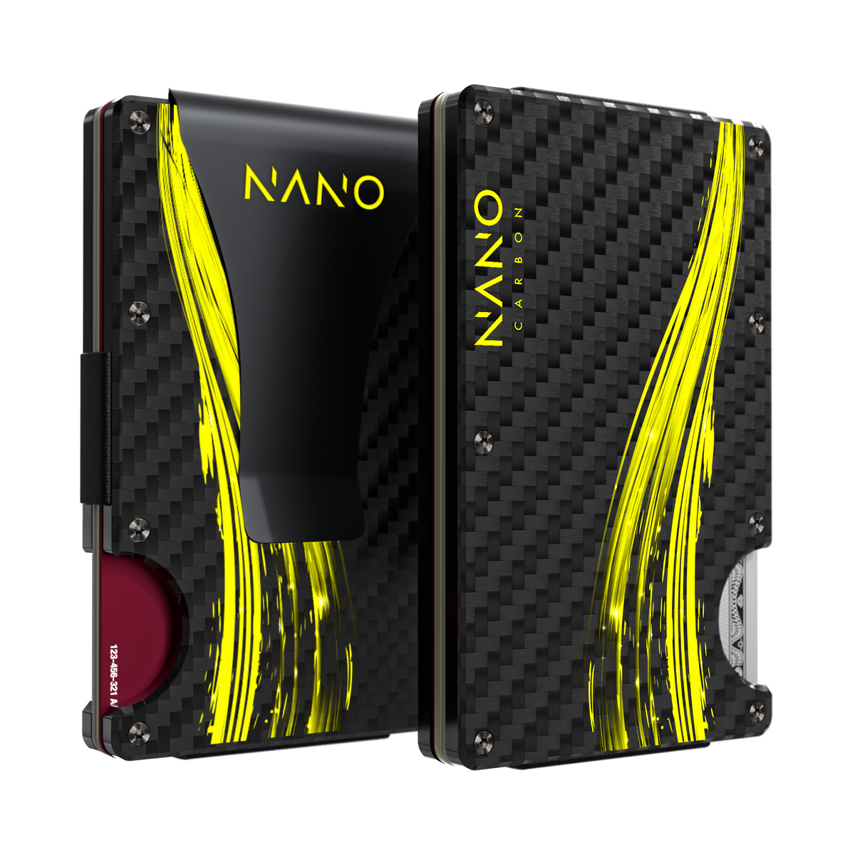 NANO FLUX Stealth Black/Surge Yellow Carbon Fibre 3K money clip wallet, front and rear views