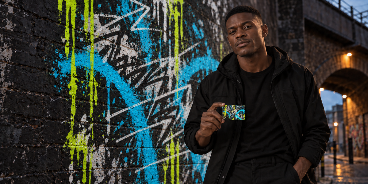 Acid Frequency NANO wallet held by the Graffiti model beside cyan and lime street artwork