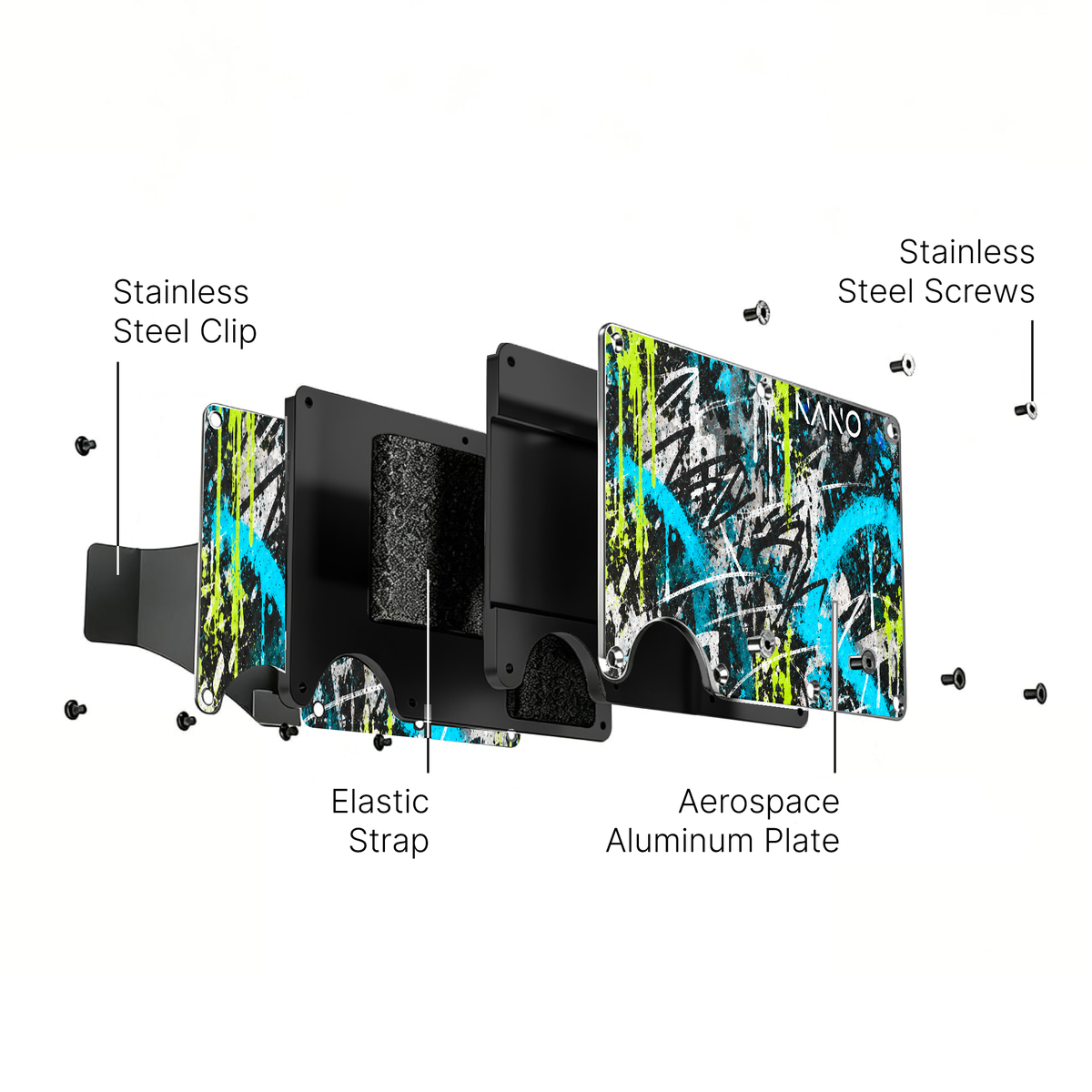 Cash Strap Wallet (Acid Frequency) exploded construction: front and rear artwork plates, internal plates, elastic retention, screws and optional money clip