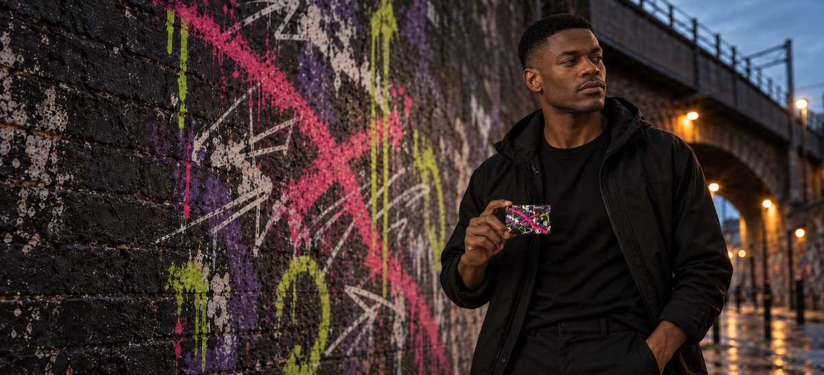 NANO Graffiti model beside a graffiti wall, looking along the street and holding Neon Rebellion.
