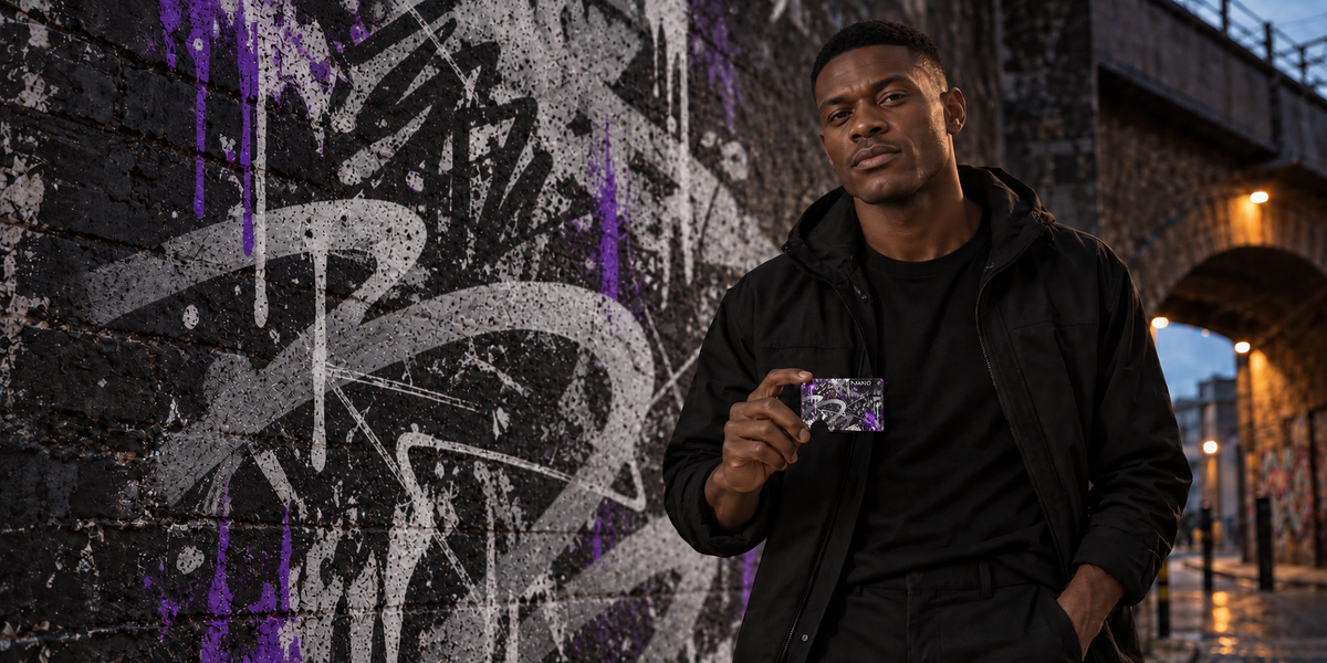Concrete Clash NANO wallet held by the Graffiti model beside grey, white and violet street artwork