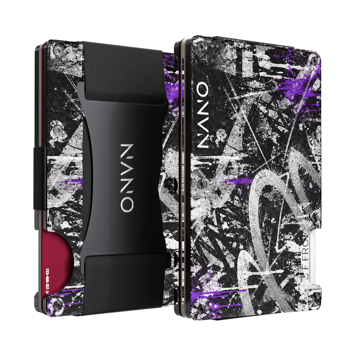 NANO Graffiti Concrete Clash Cash Strap Wallet, front and back with black, white, grey and violet artwork