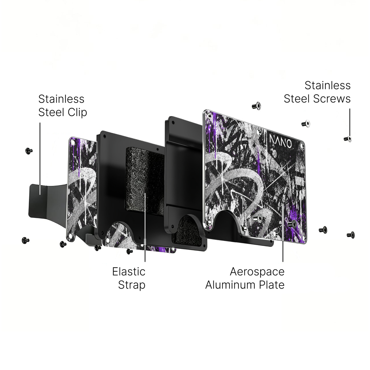 Cash Strap Wallet (Concrete Clash) exploded construction: front and rear artwork plates, internal plates, elastic retention, screws and optional money clip