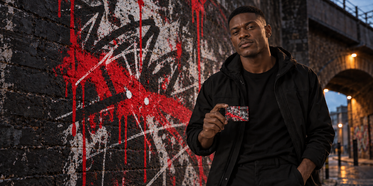 Ember Riot NANO wallet held by the Graffiti model beside crimson, grey and white street artwork