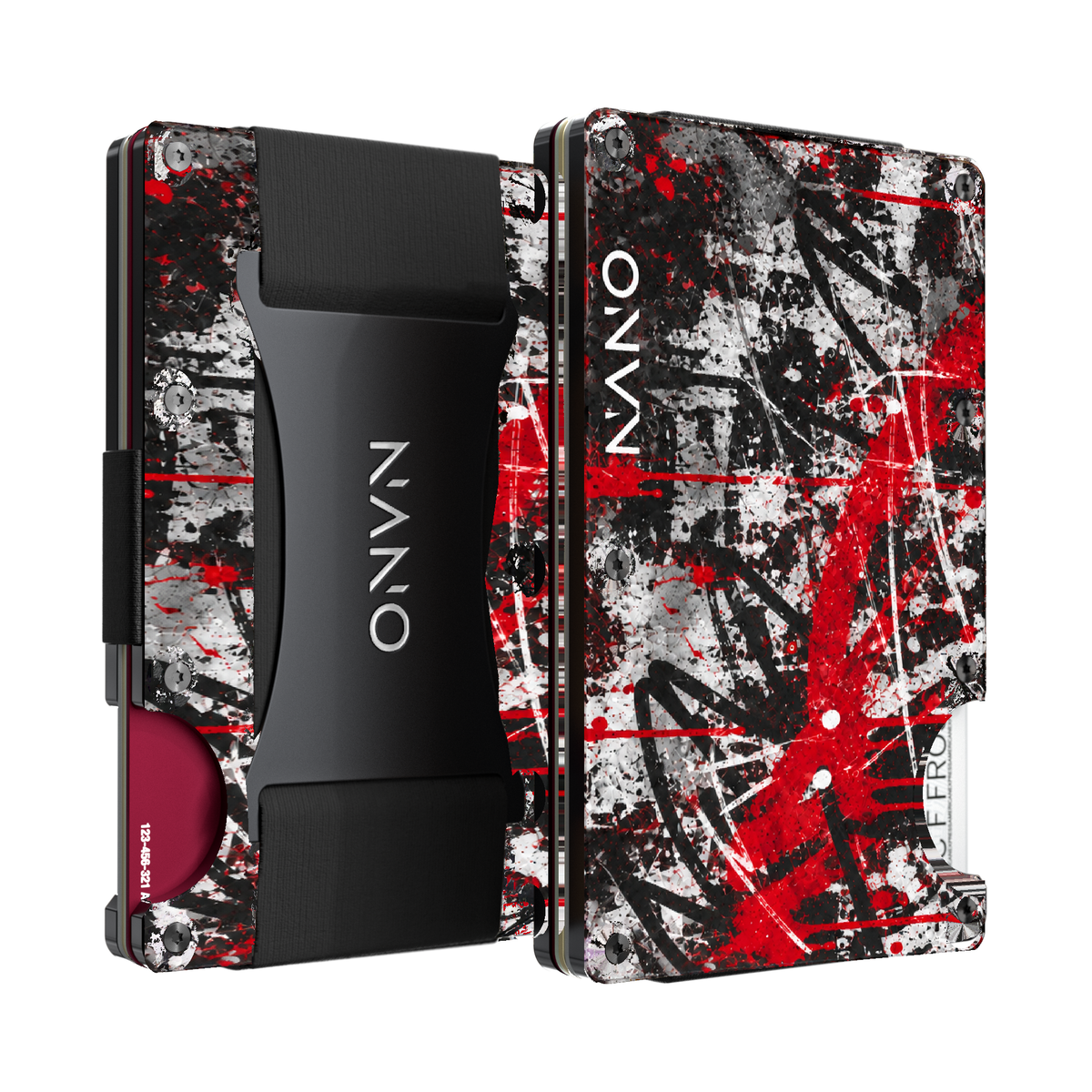 NANO Graffiti Ember Riot Cash Strap Wallet, front and back with crimson, black, grey and white artwork