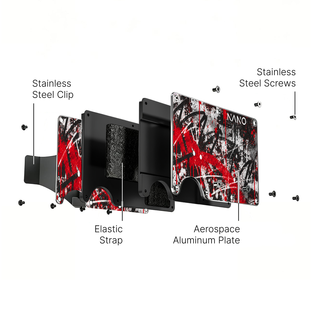 Cash Strap Wallet (Ember Riot) exploded construction: front and rear artwork plates, internal plates, elastic retention, screws and optional money clip