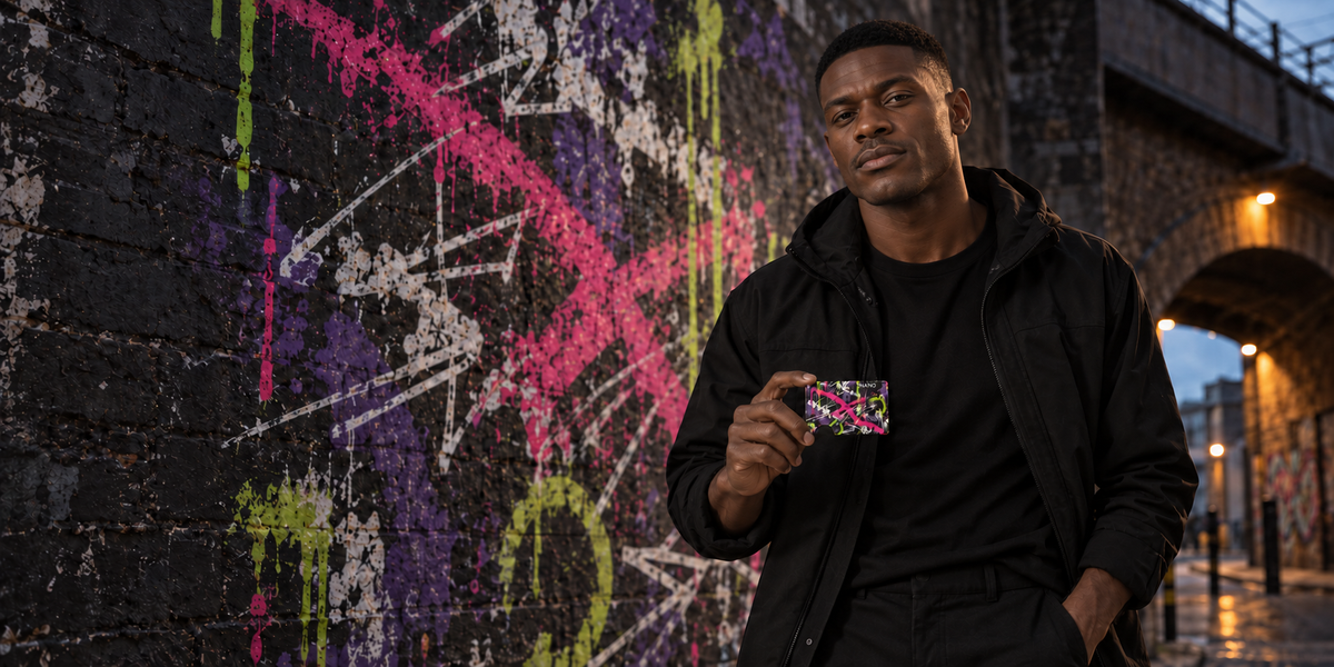Neon Rebellion NANO wallet held by the Graffiti model beside pink, violet and lime street artwork