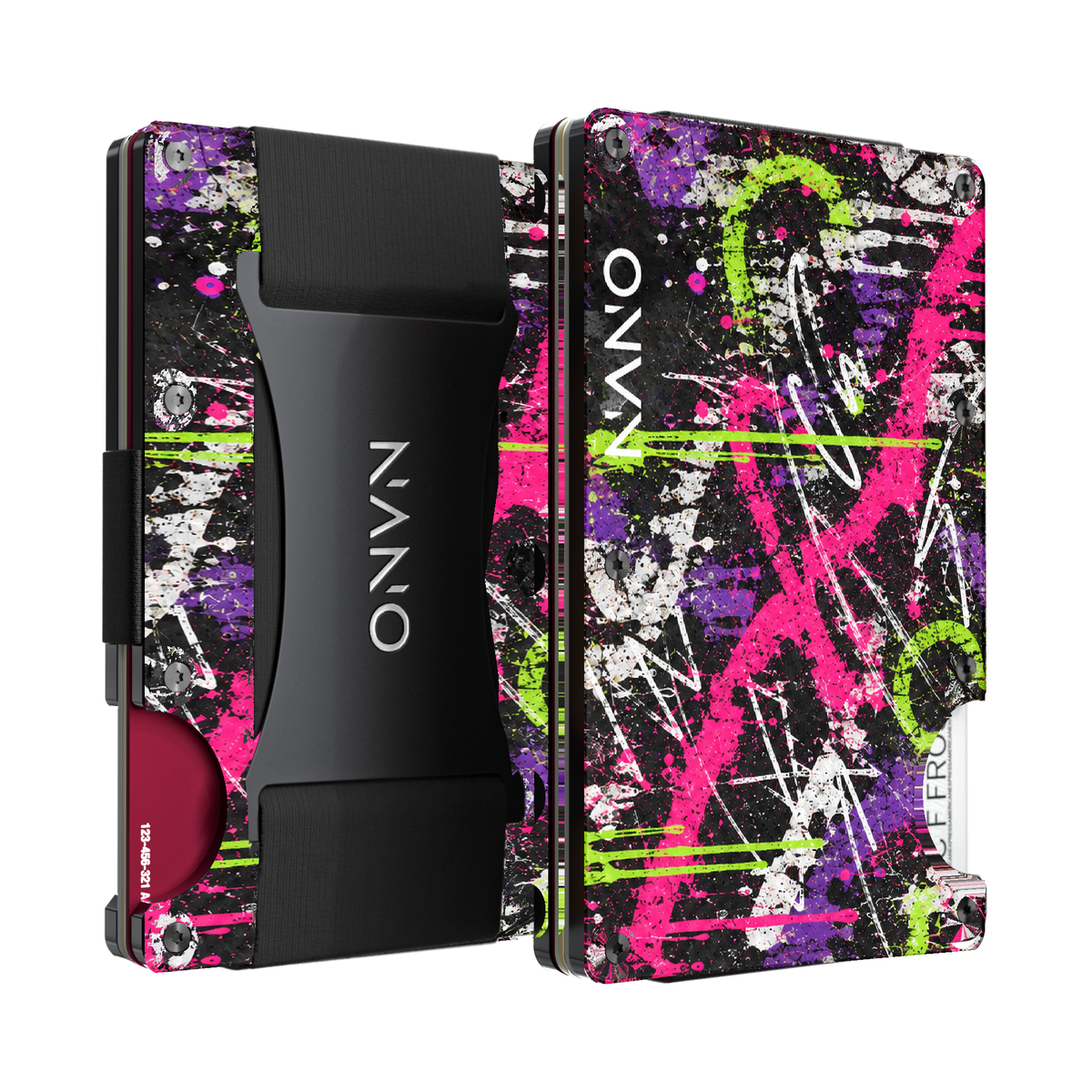 NANO Graffiti Neon Rebellion Cash Strap Wallet, front and back showing locked pink, violet and lime artwork and white NANO branding