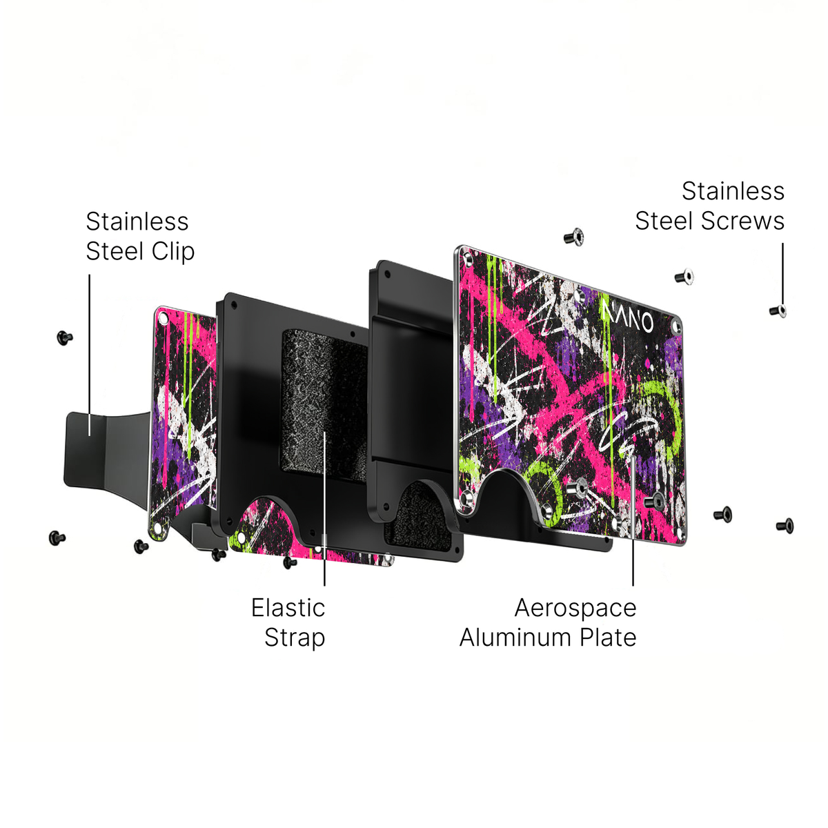 Cash Strap Wallet (Neon Rebellion) exploded construction: front and rear artwork plates, internal plates, elastic retention, screws and optional money clip