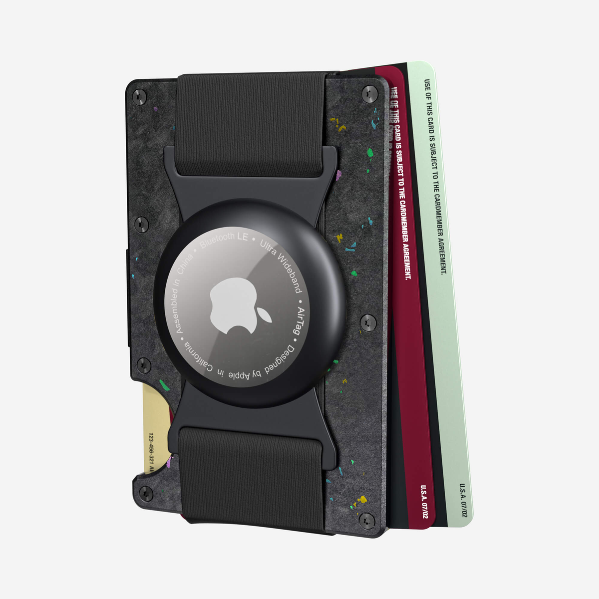 Angled back view showing cards fanned out of the NANO™ Forged Carbon AirTag Cash Strap Wallet in Nero/Prisma