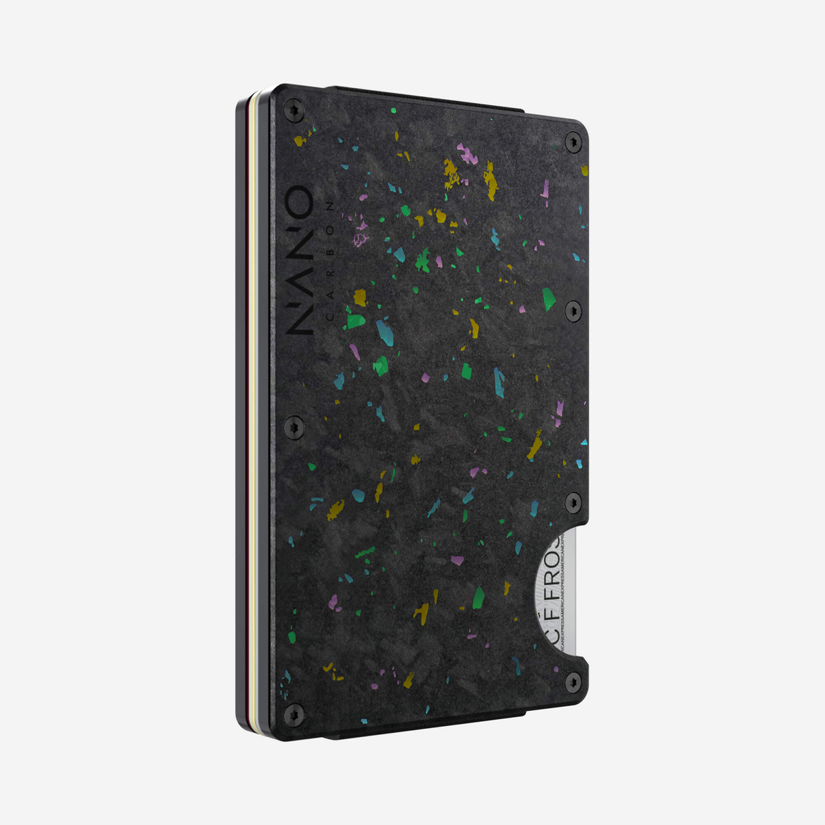 Angled front view of the NANO™ Forged Carbon AirTag Cash Strap Wallet in Nero/Prisma