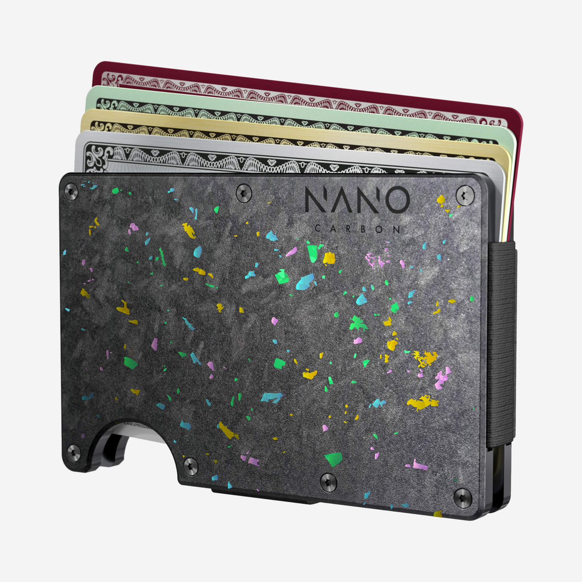 Angled front view showing cards fanned out of the NANO™ Forged Carbon AirTag Money Clip Wallet in Nero/Prisma