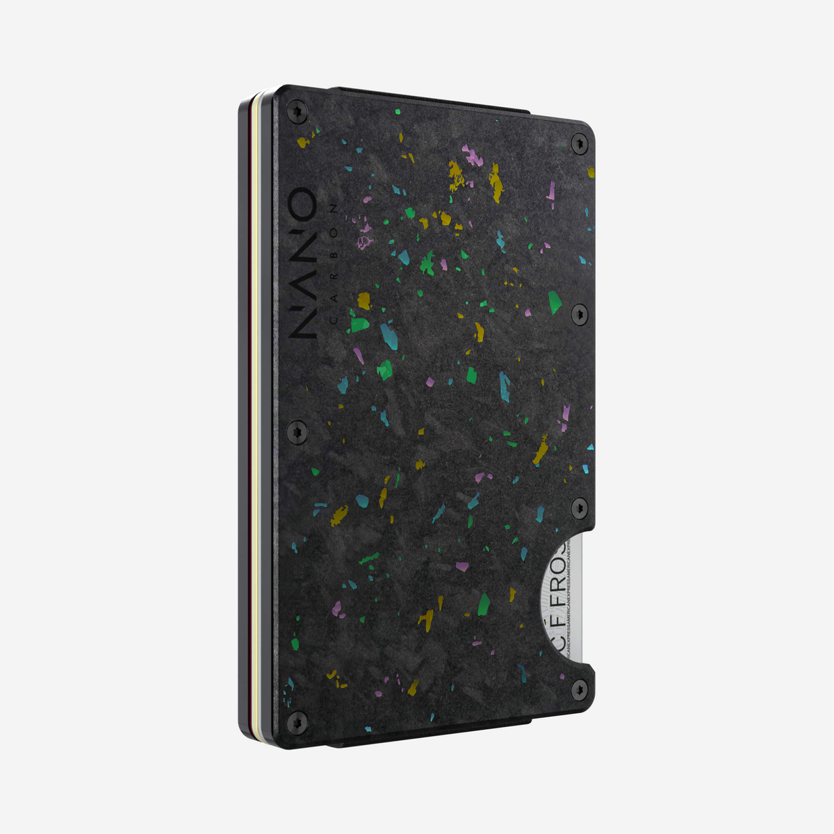 Angled front view of the NANO™ Forged Carbon AirTag Money Clip Wallet in Nero/Prisma