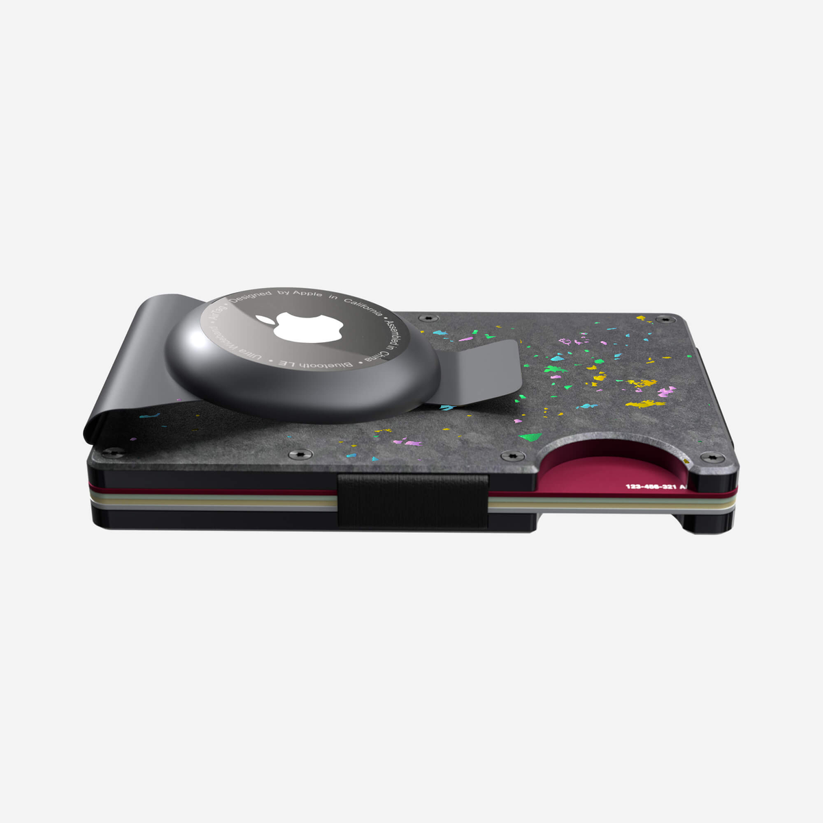 Angled side and back view showing its slim profile of the NANO™ Forged Carbon AirTag Money Clip Wallet in Nero/Prisma