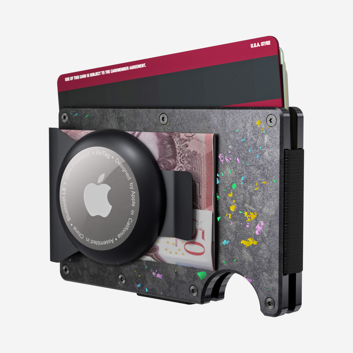 Angled back view showing cards and folded cash of the NANO™ Forged Carbon AirTag Money Clip Wallet in Nero/Prisma