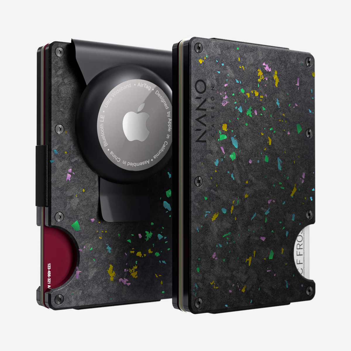 Front and back view of the NANO™ Forged Carbon AirTag Money Clip Wallet in Nero/Prisma