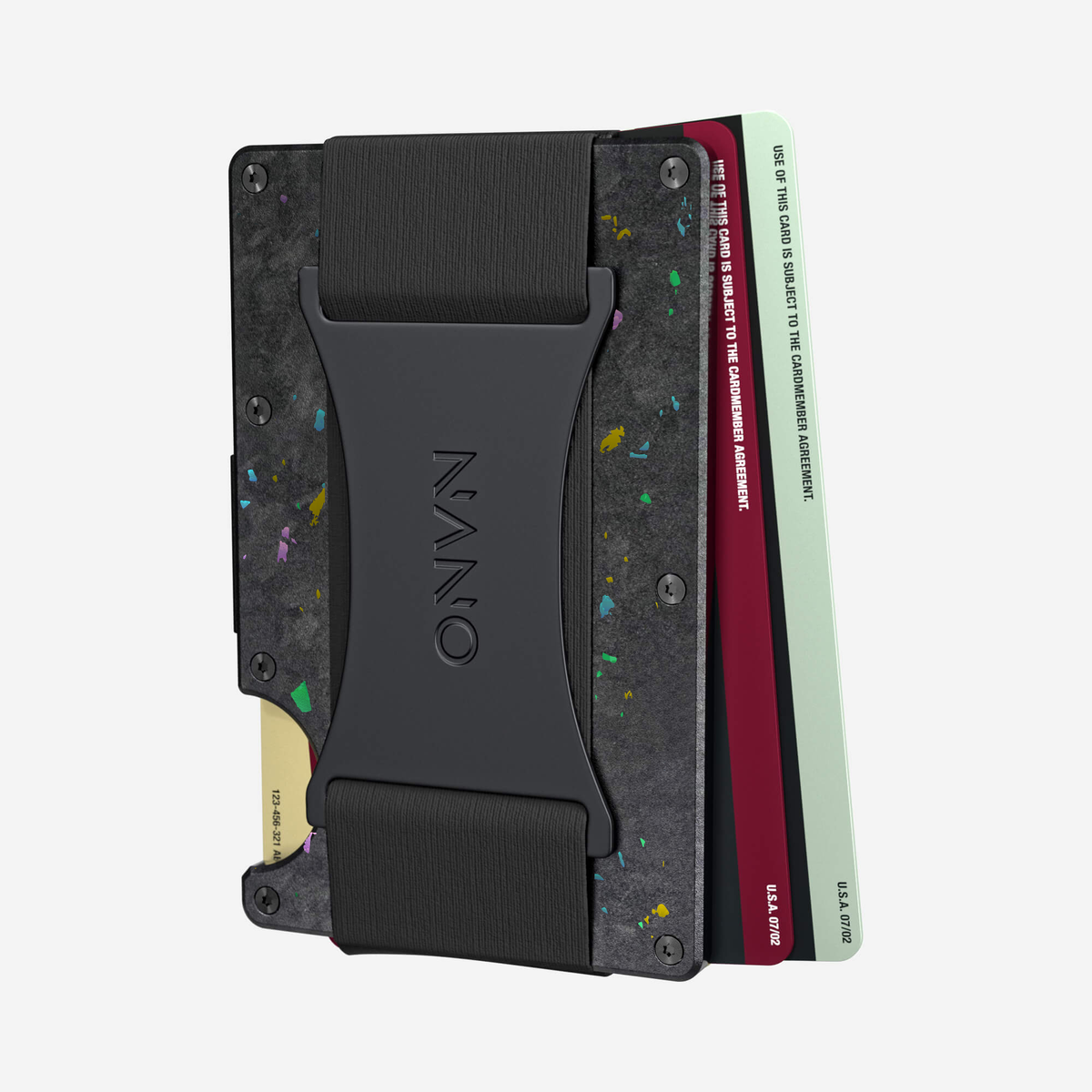 Angled back view showing cards fanned out of the NANO™ Forged Carbon Cash Strap Wallet in Nero/Prisma