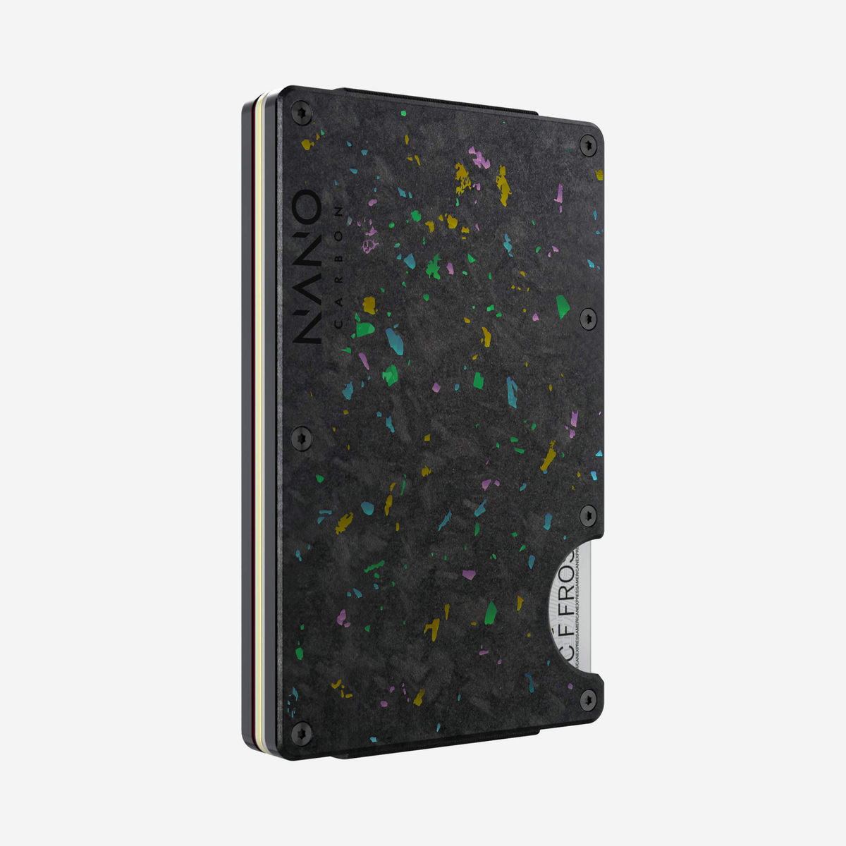 Angled front view of the NANO™ Forged Carbon Cash Strap Wallet in Nero/Prisma