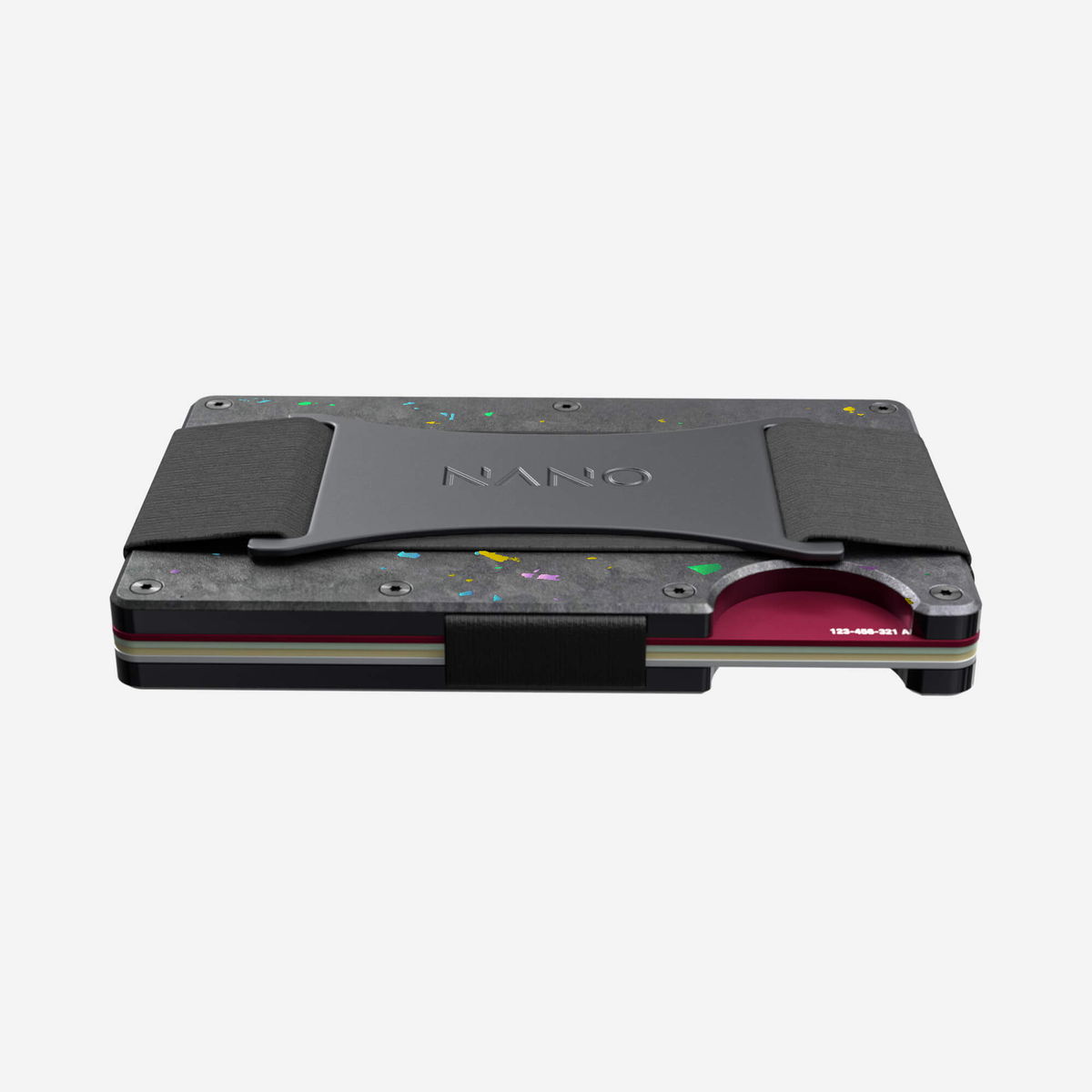 Angled side and back view showing its slim profile of the NANO™ Forged Carbon Cash Strap Wallet in Nero/Prisma