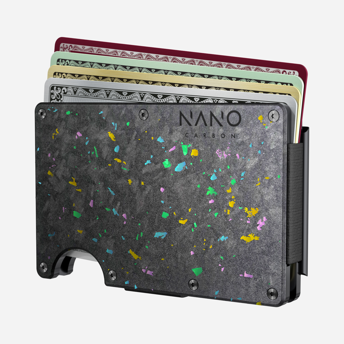 Angled front view showing cards fanned out of the NANO™ Forged Carbon Money Clip Wallet in Nero/Prisma