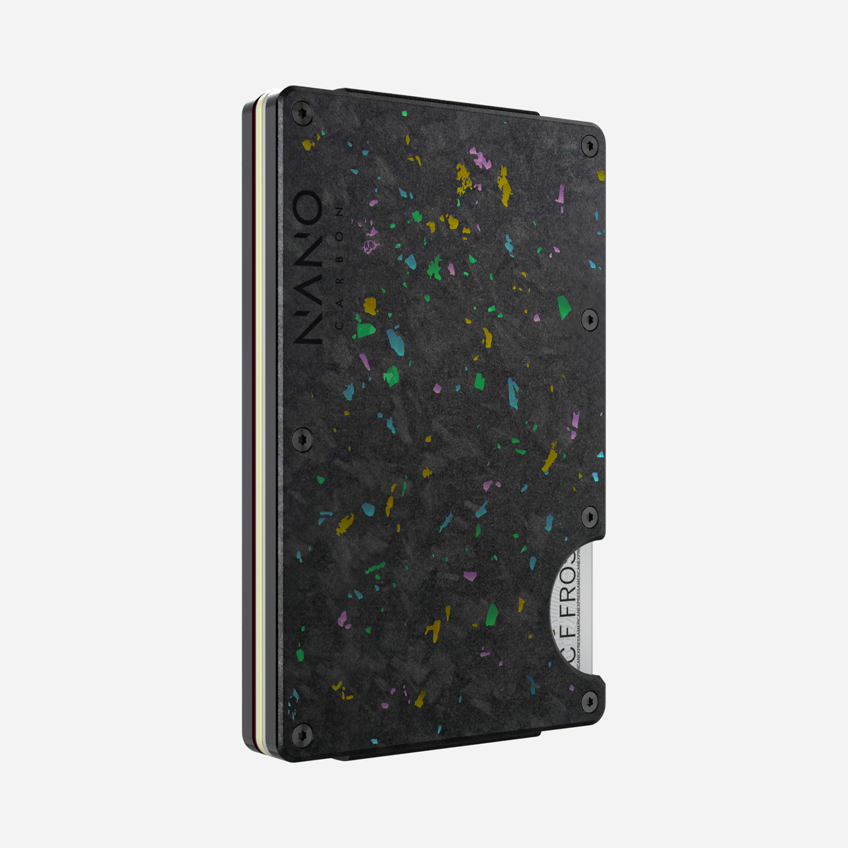 Angled front view of the NANO™ Forged Carbon Money Clip Wallet in Nero/Prisma