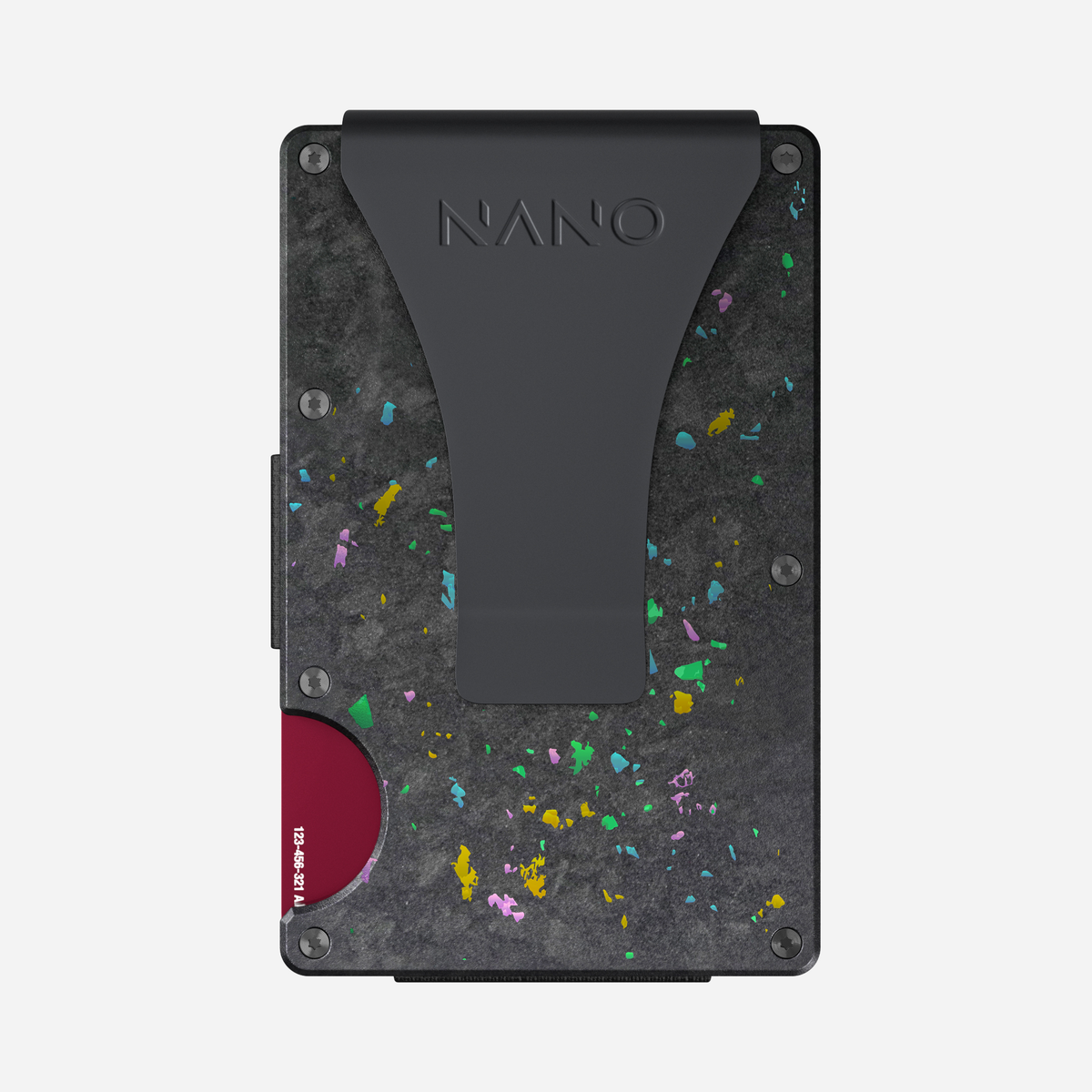 Back view showing the money clip and elastic track of the NANO™ Forged Carbon Money Clip Wallet in Nero/Prisma