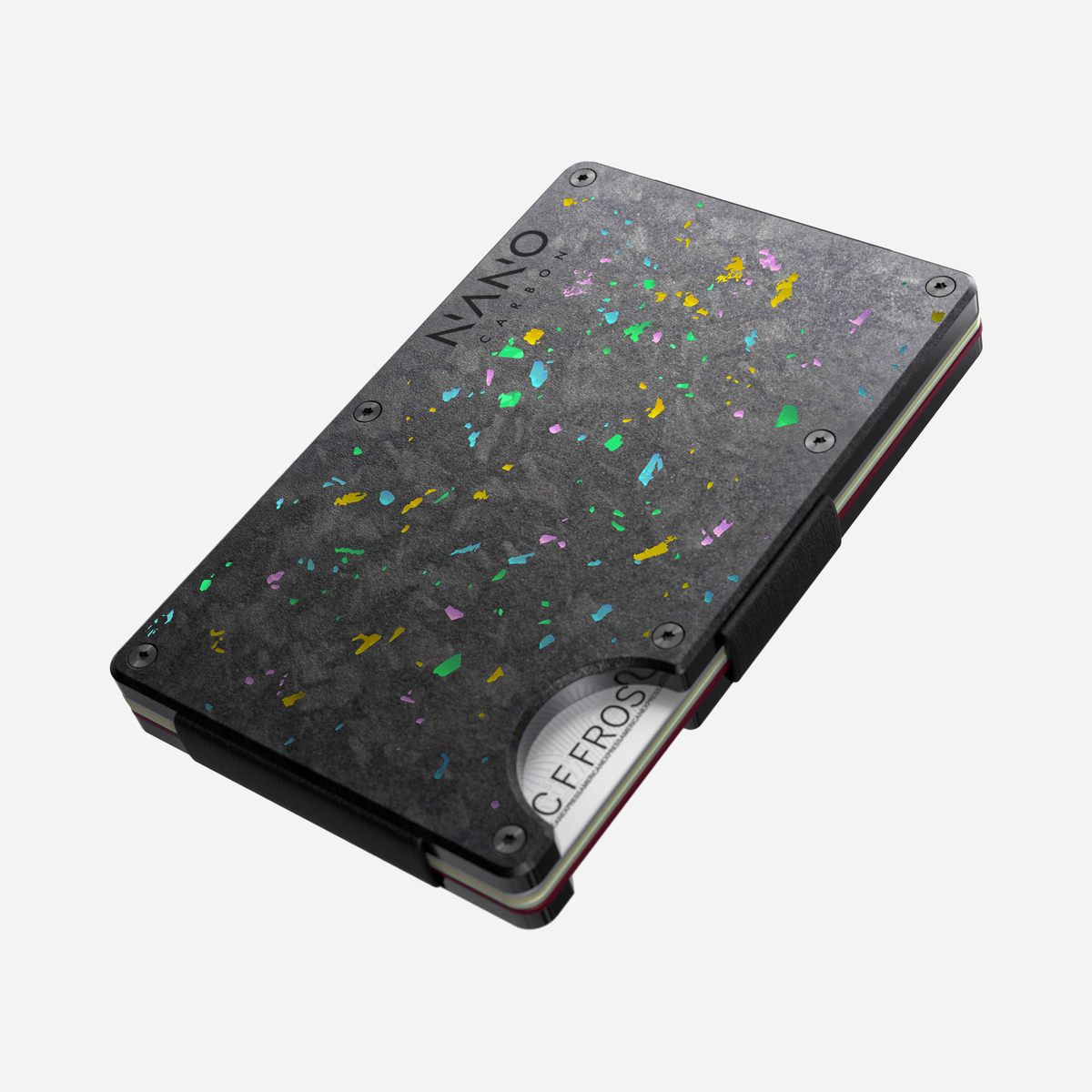 Angled front view showing the thumb slot of the NANO™ Forged Carbon Money Clip Wallet in Nero/Prisma