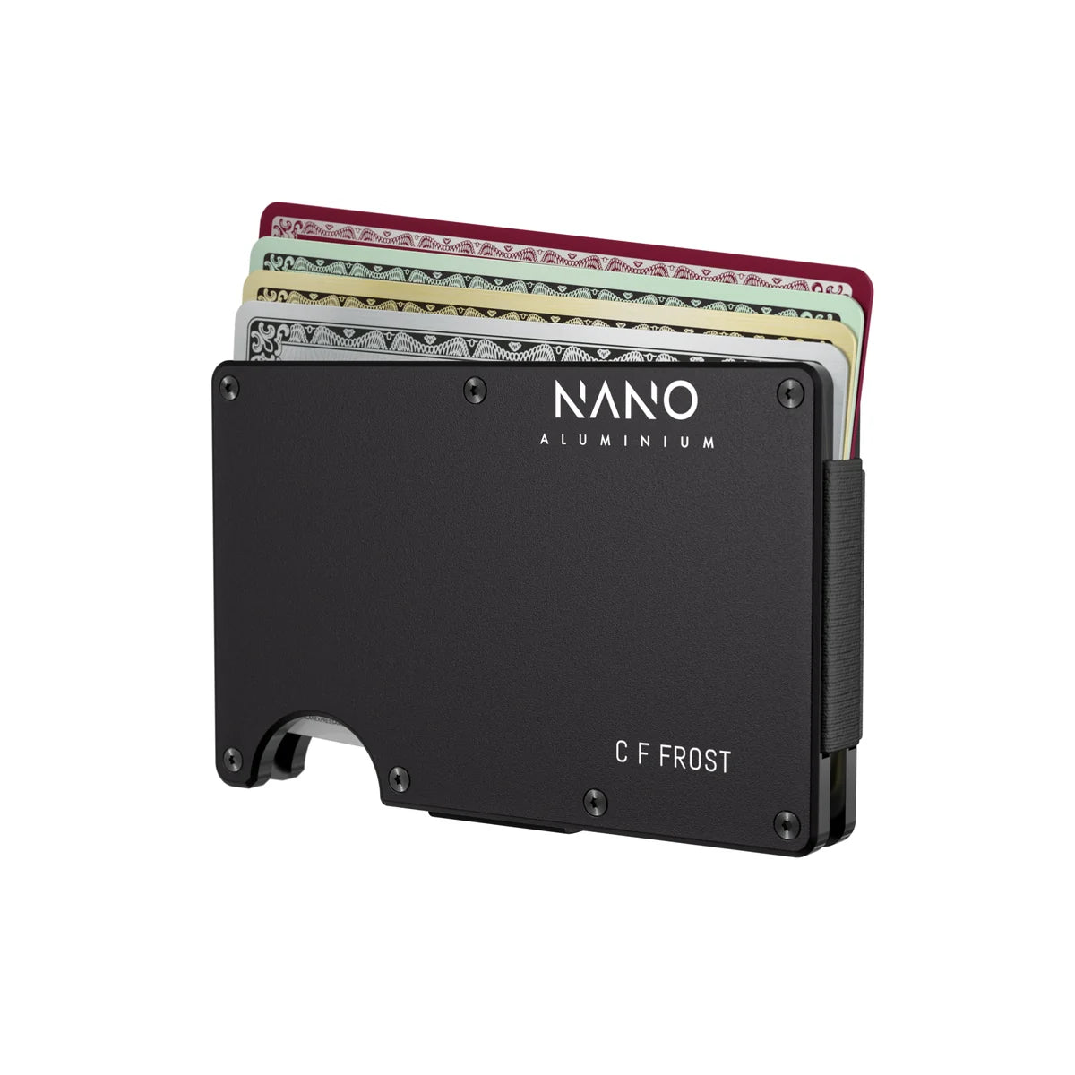 Phantom Black aluminium wallet with cards raised and example C F FROST front engraving