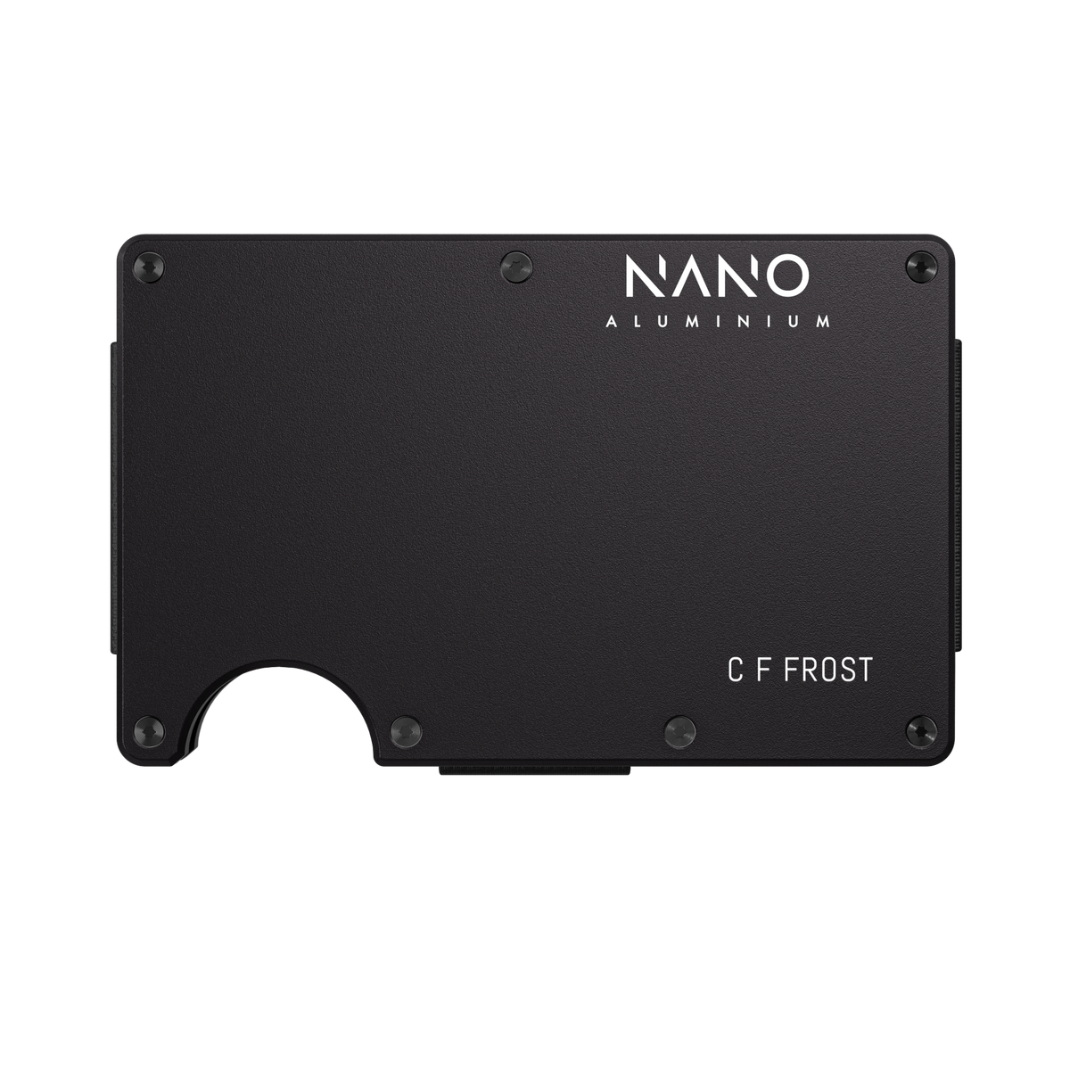 Front view of a personalised Phantom Black NANO aluminium wallet, engraved C FROST