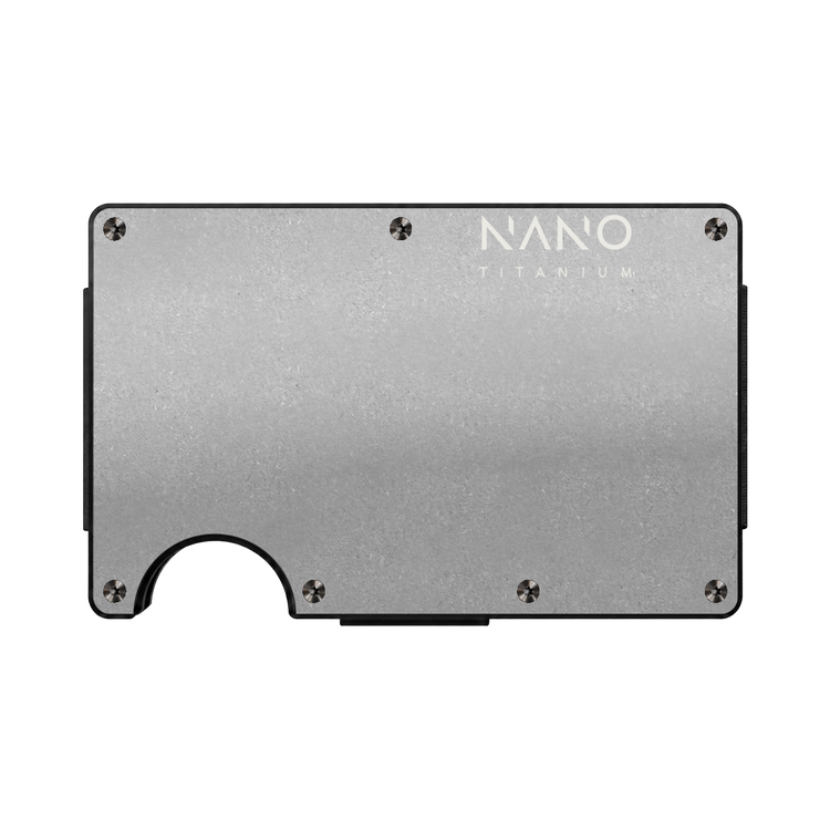 NANO Raw Stonewashed titanium cash strap wallet — front straight-on view