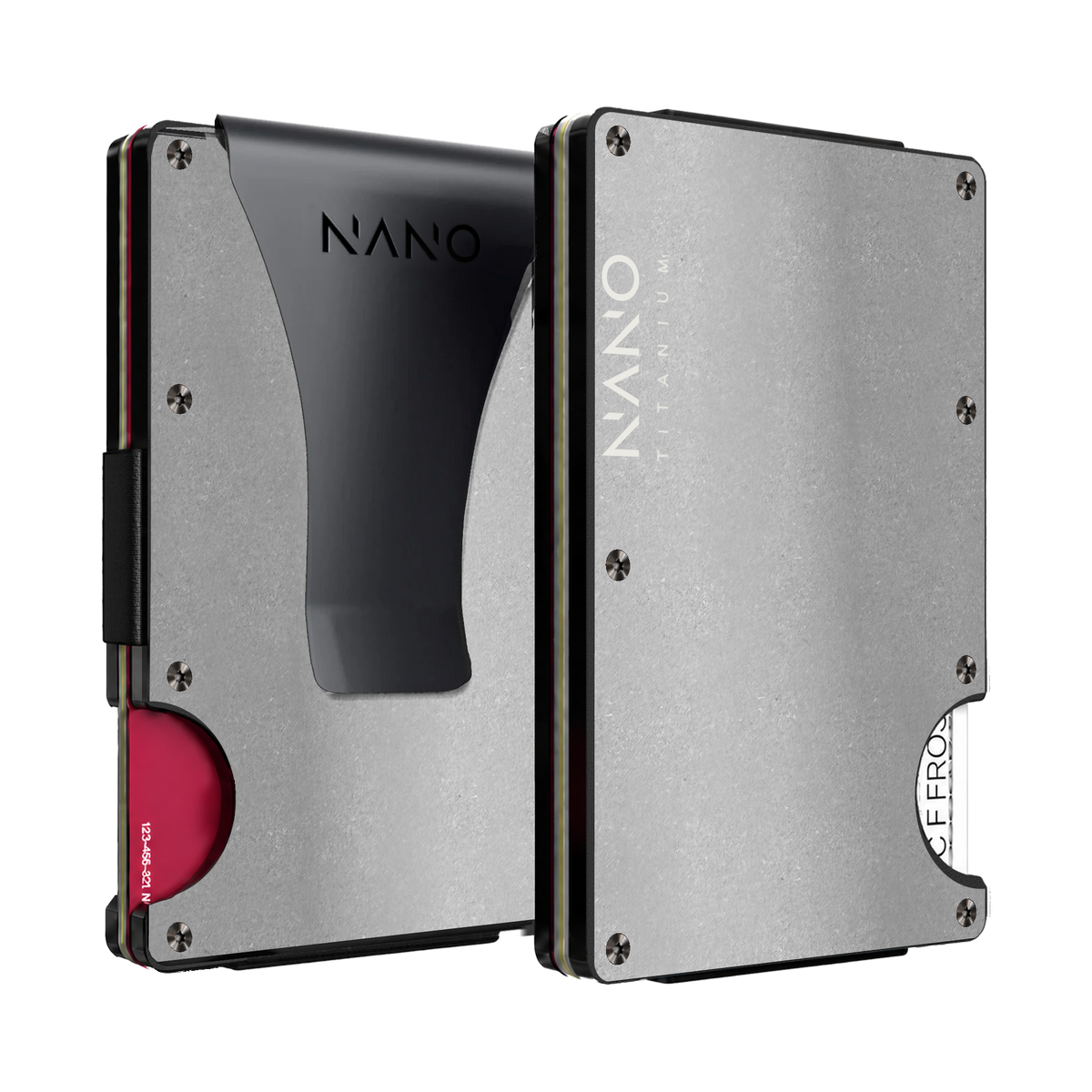 NANO Raw Stonewashed titanium money clip wallet — front and rear views side by side