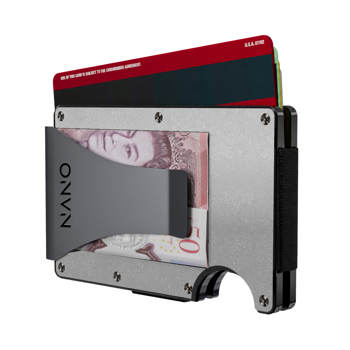 NANO Raw Stonewashed titanium money clip wallet — rear view with cards and folded cash