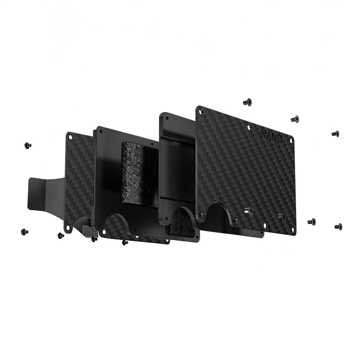 Exploded NANO wallet showing its 3K carbon fibre plates, chassis, elastic, money clip and screws