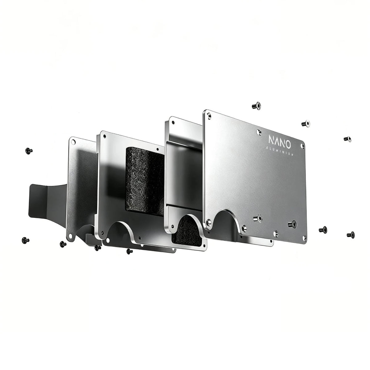 Exploded NANO wallet showing its aluminium plates, elastic, steel clip and individual screws